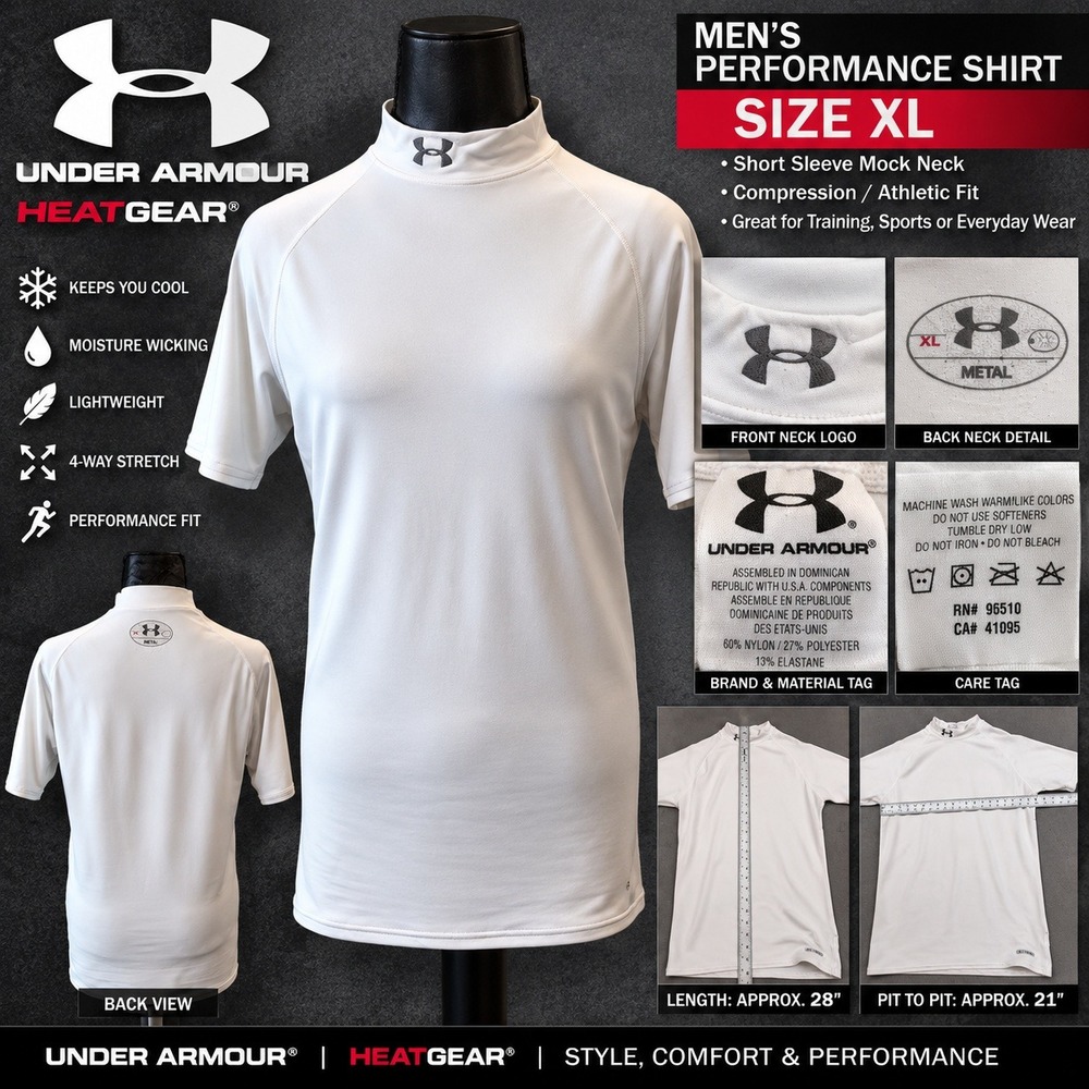 Under Armour HeatGear Mens White Compression Mock Neck Short Sleeve Shirt XL